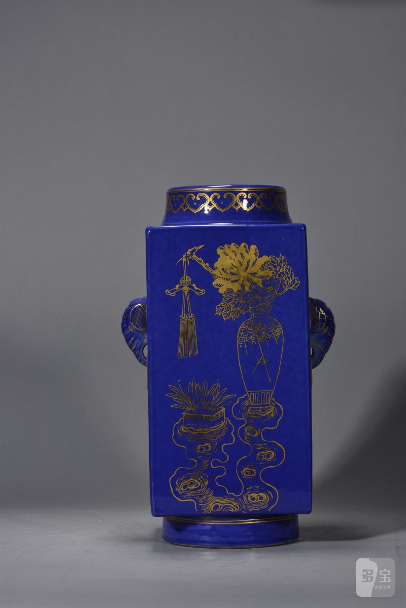 清光绪 祭蓝描金受天百禄图象耳琮式瓶 - 图6